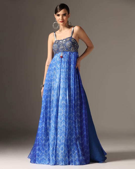 Blue Organza & Raw Silk Embroidered Anarkali Set