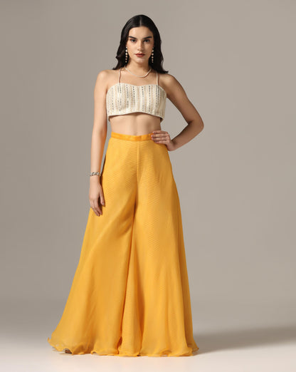 Yellow Organza & Raw Silk Shibori Cape Set