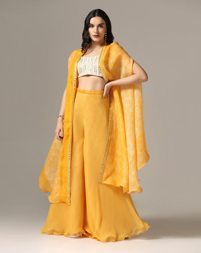 Yellow Organza & Raw Silk Shibori Cape Set
