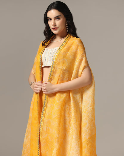 Yellow Organza & Raw Silk Shibori Cape Set
