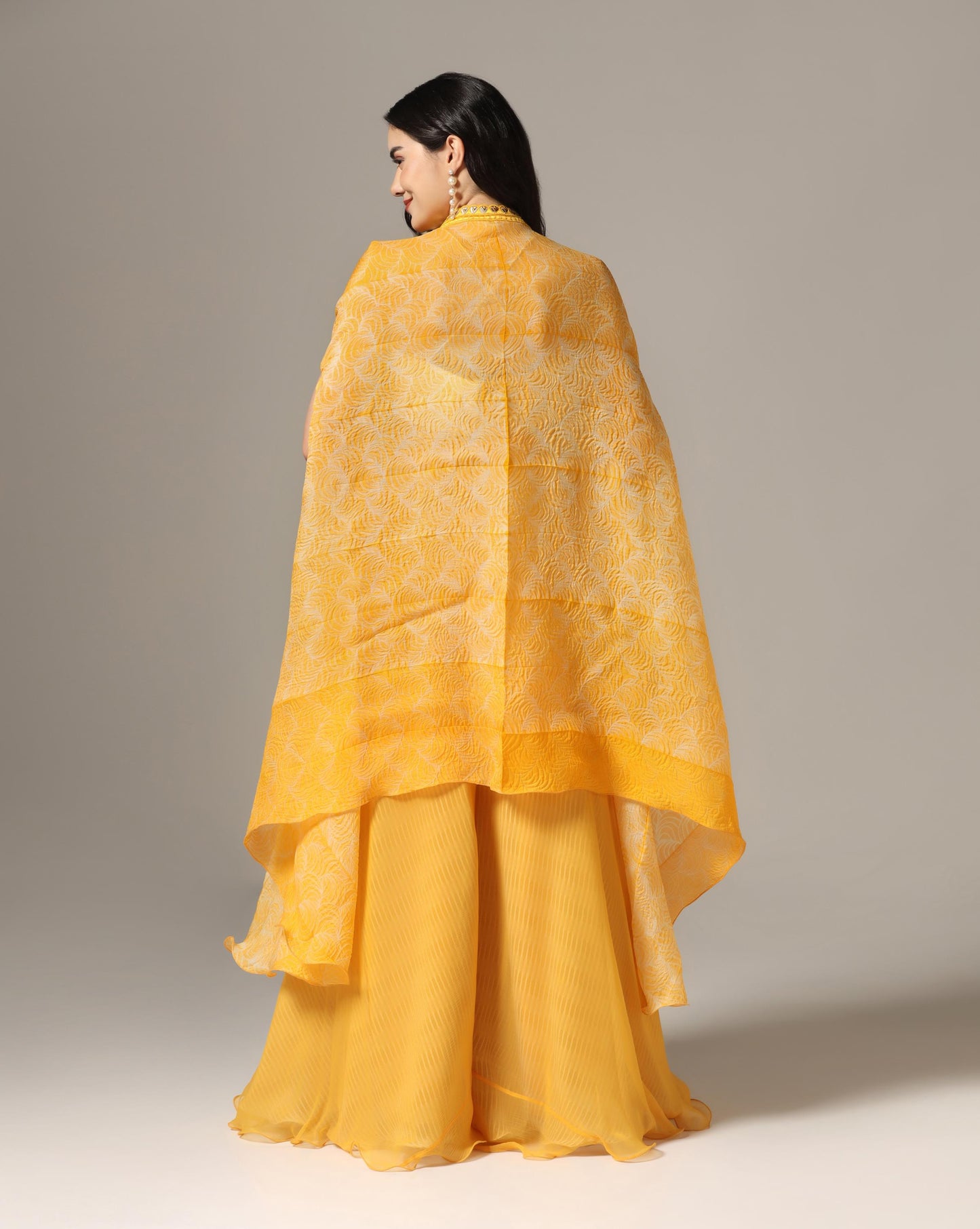 Yellow Organza & Raw Silk Shibori Cape Set