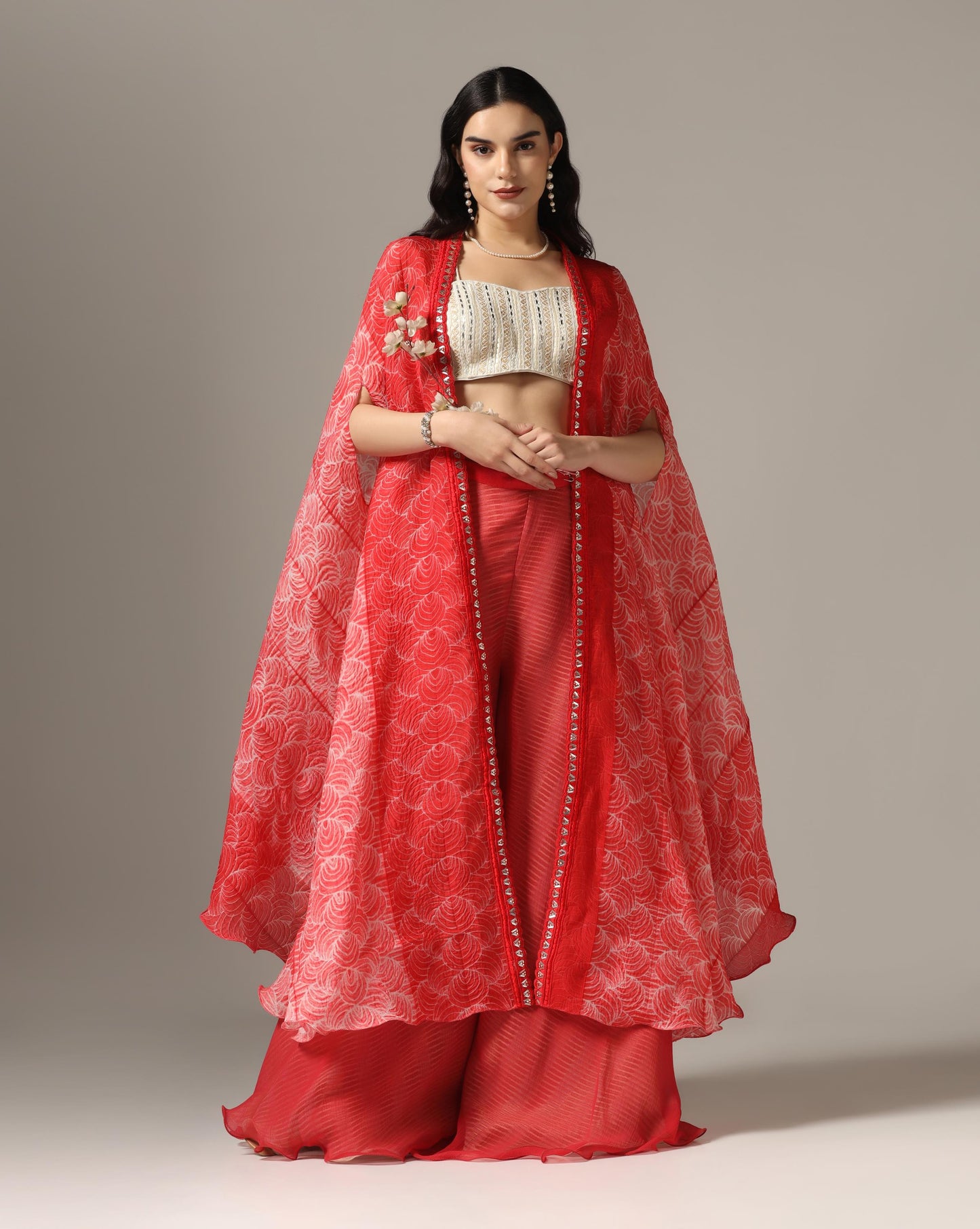 Red Organza Embroidered Cape Set