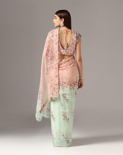 Aqua & Pink Chiffon Printed Saree Set