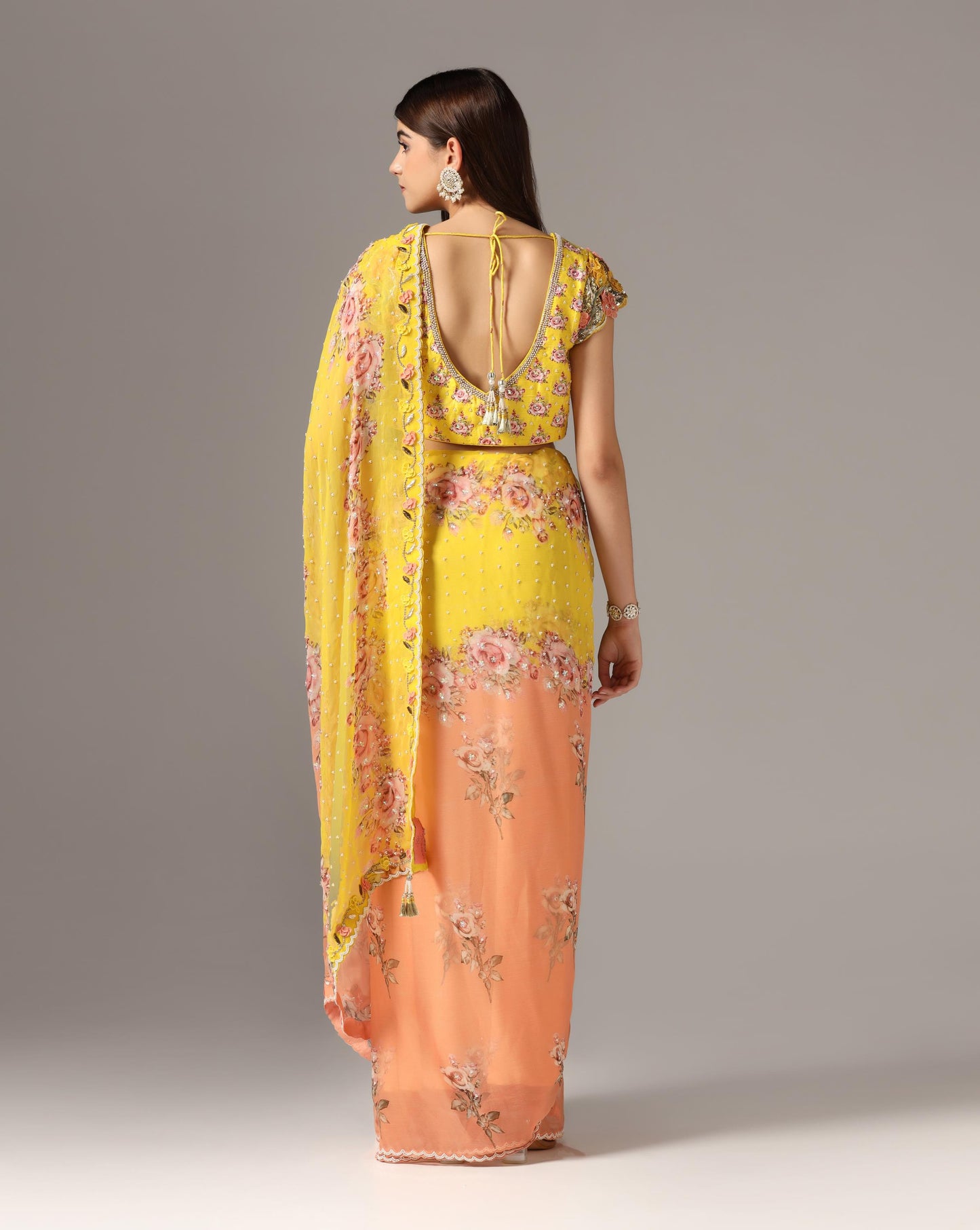 Yellow Chiffon Printed Saree Set
