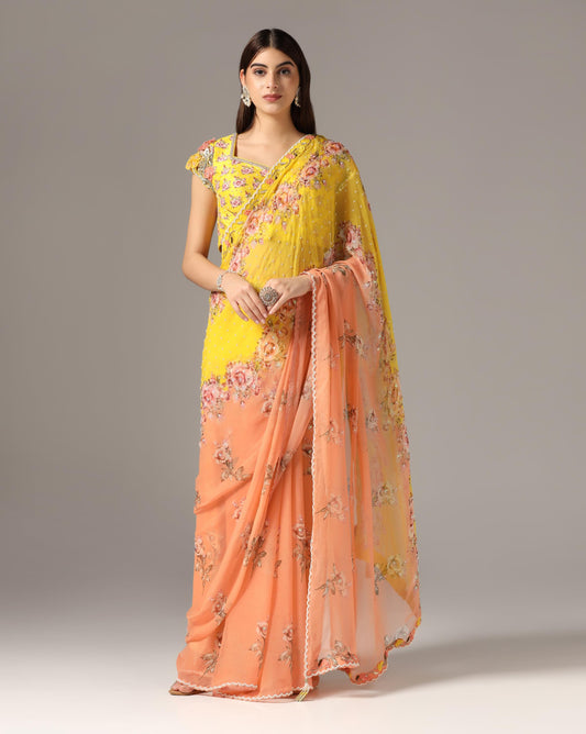 Yellow Chiffon Printed Saree Set