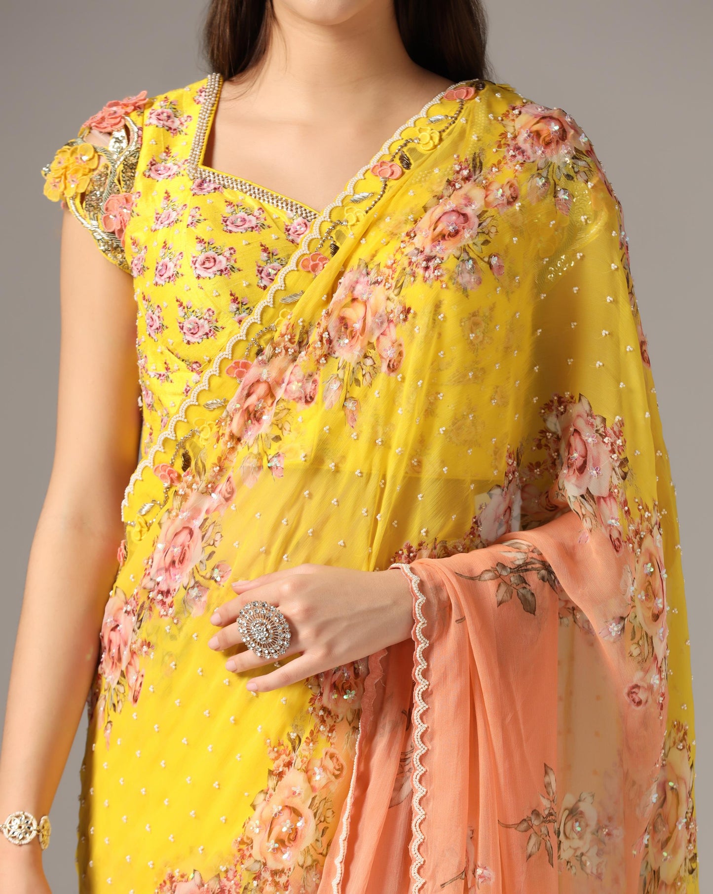 Yellow Chiffon Printed Saree Set