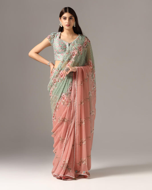 Antique Pink & Teal Green Chiffon Printed Saree Set