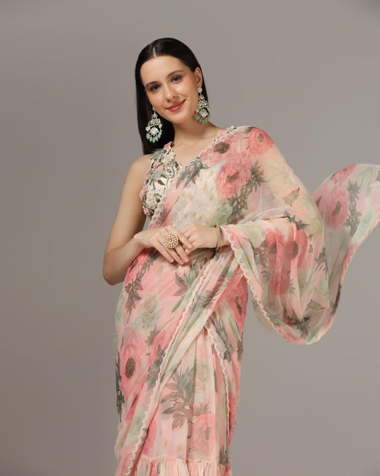 Pink Chiffon Printed Pre-Stitched Frilled Saree Set