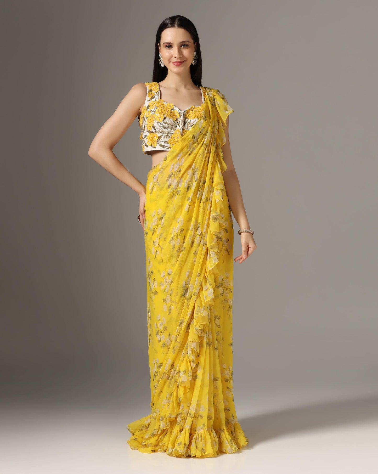 Yellow Chiffon Printed Pre-Stitched Frilled Saree Set