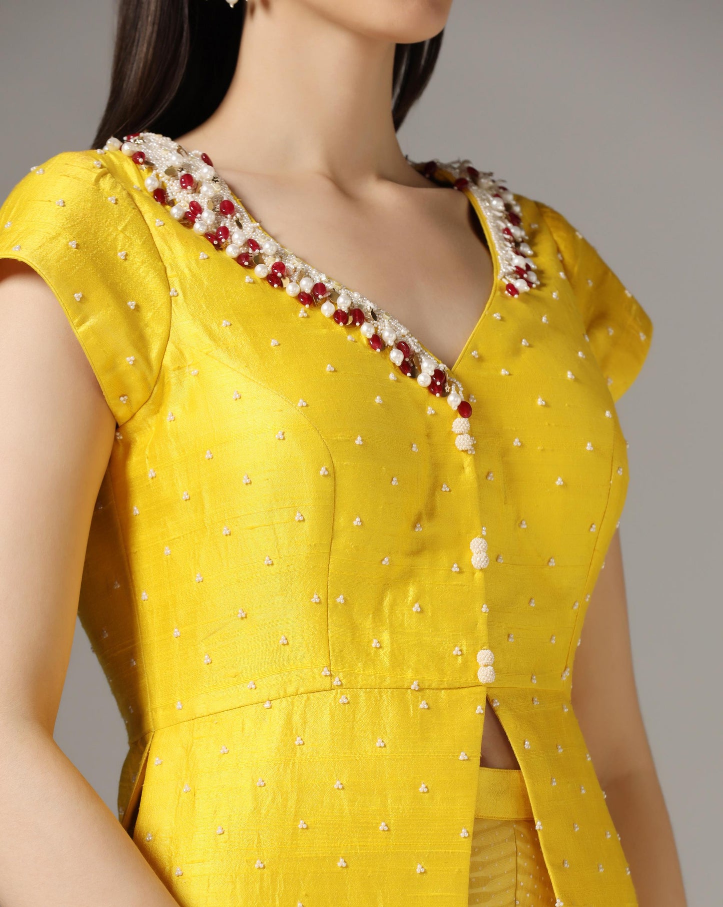 Yellow Raw Silk & Chiffon Stone Embroidered Jacket Set
