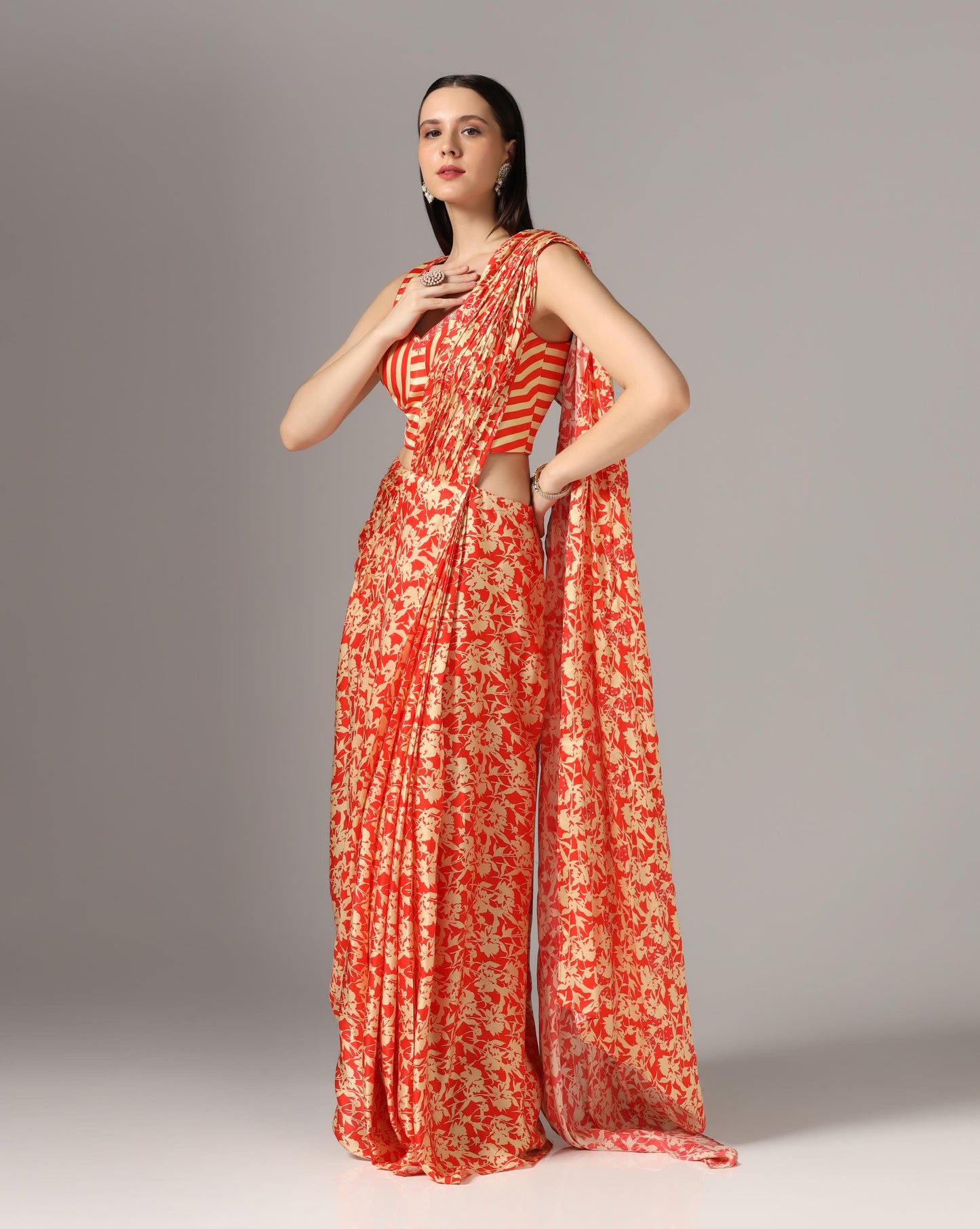 Red Printed  Pre-Stitched Saree Set