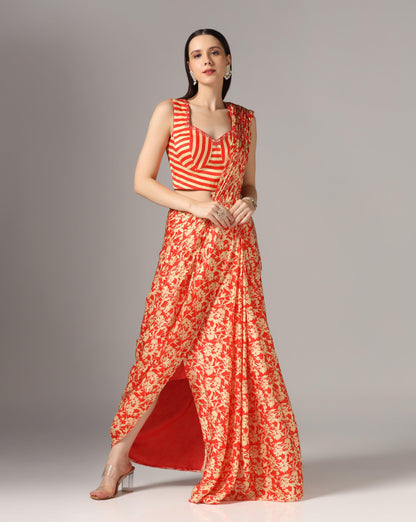 Red Printed  Pre-Stitched Saree Set