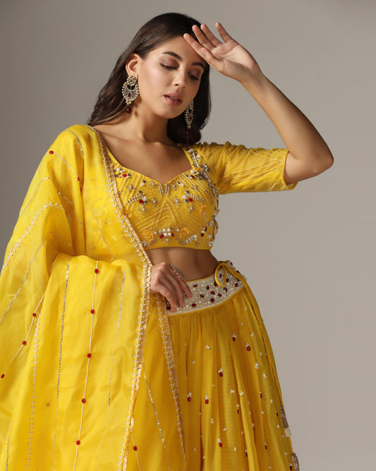 Yellow Organza Stone Embroidered Lehenga Set