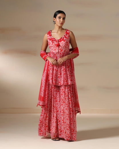 Scarlet Bloom Peplum Sharara Set