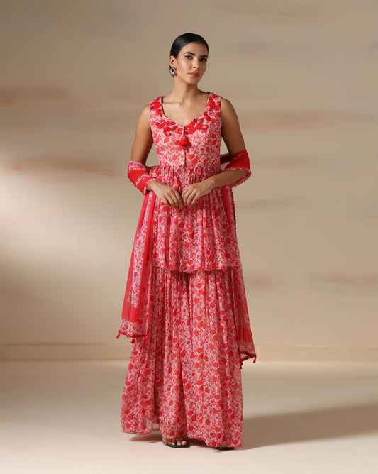 Scarlet Bloom Peplum Sharara Set