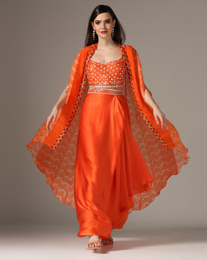 Orange Chamoise Satin & Raw Silk Draped Skirt Set