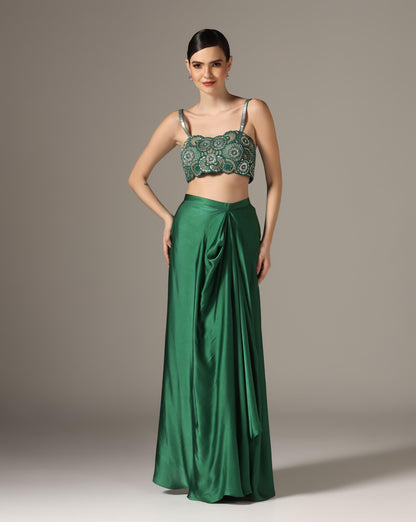 Green Chamoise Satin & Raw Silk Draped Skirt Set
