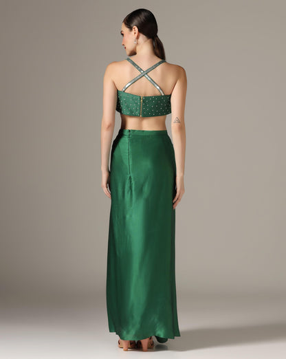 Green Chamoise Satin & Raw Silk Draped Skirt Set