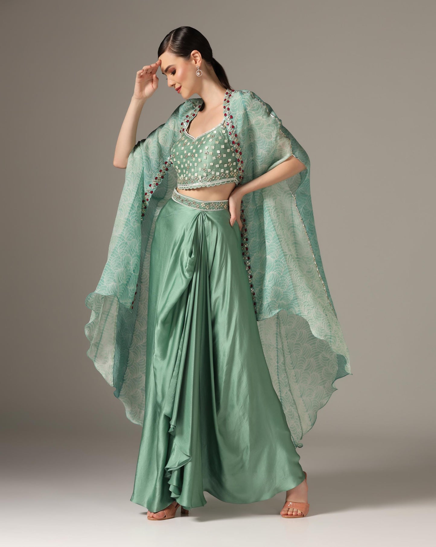 Eco Green Chamoise Satin & Raw Silk Draped Skirt Set