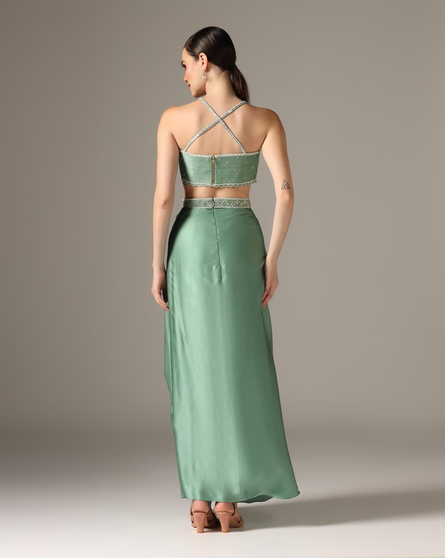 Eco Green Chamoise Satin & Raw Silk Draped Skirt Set