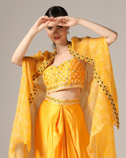 Yellow Chamoise Satin & Raw Silk Draped Skirt Set