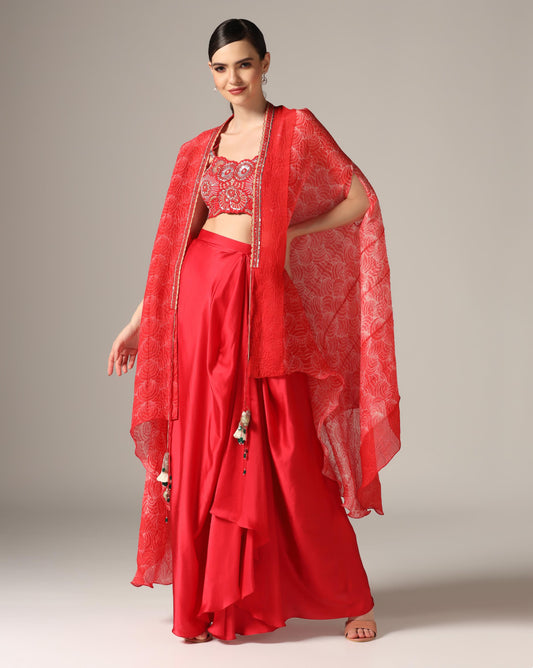 Red Raw Silk & Organza Draped Skirt Set