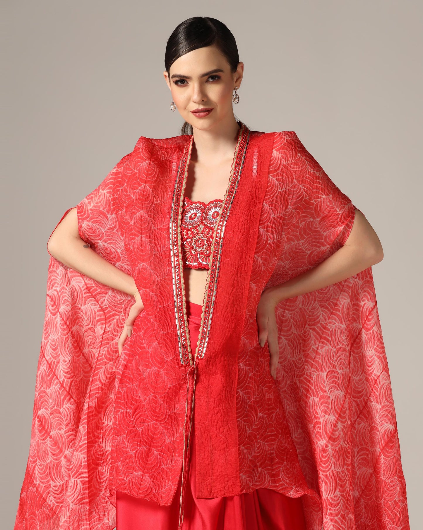 Red Raw Silk & Organza Draped Skirt Set