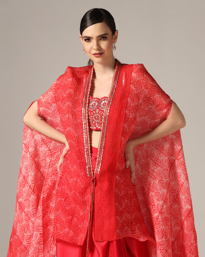 Red Raw Silk & Organza Draped Skirt Set