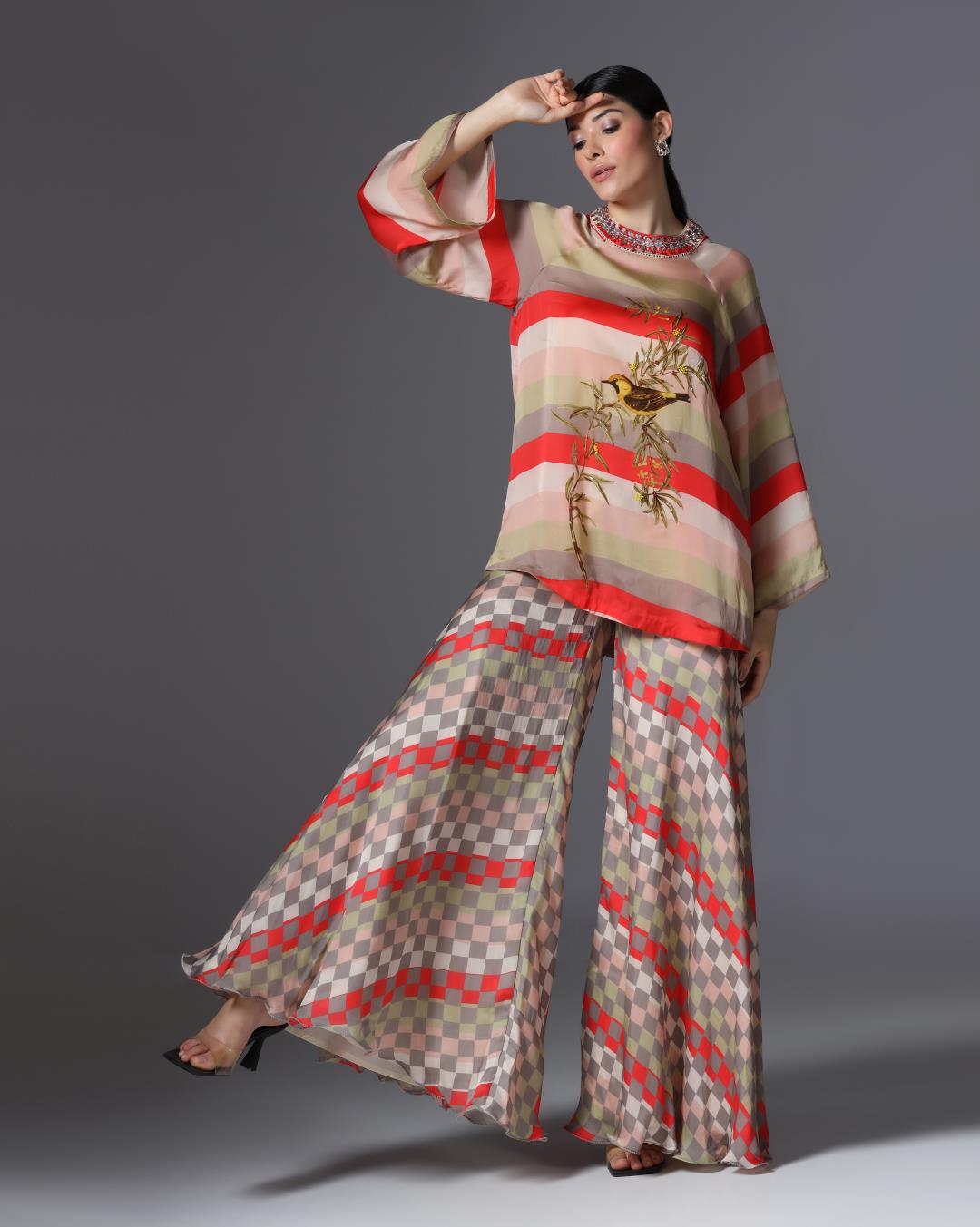 Embroidered Striped Tunic & Checkered Palazzo Set