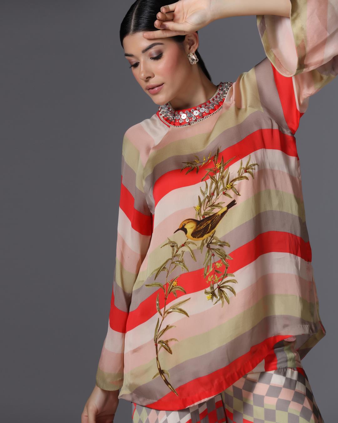 Embroidered Striped Tunic & Checkered Palazzo Set