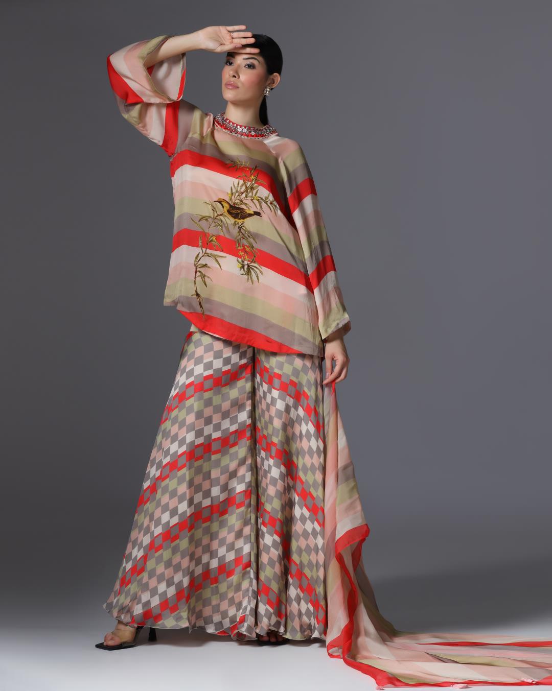 Embroidered Striped Tunic & Checkered Palazzo Set