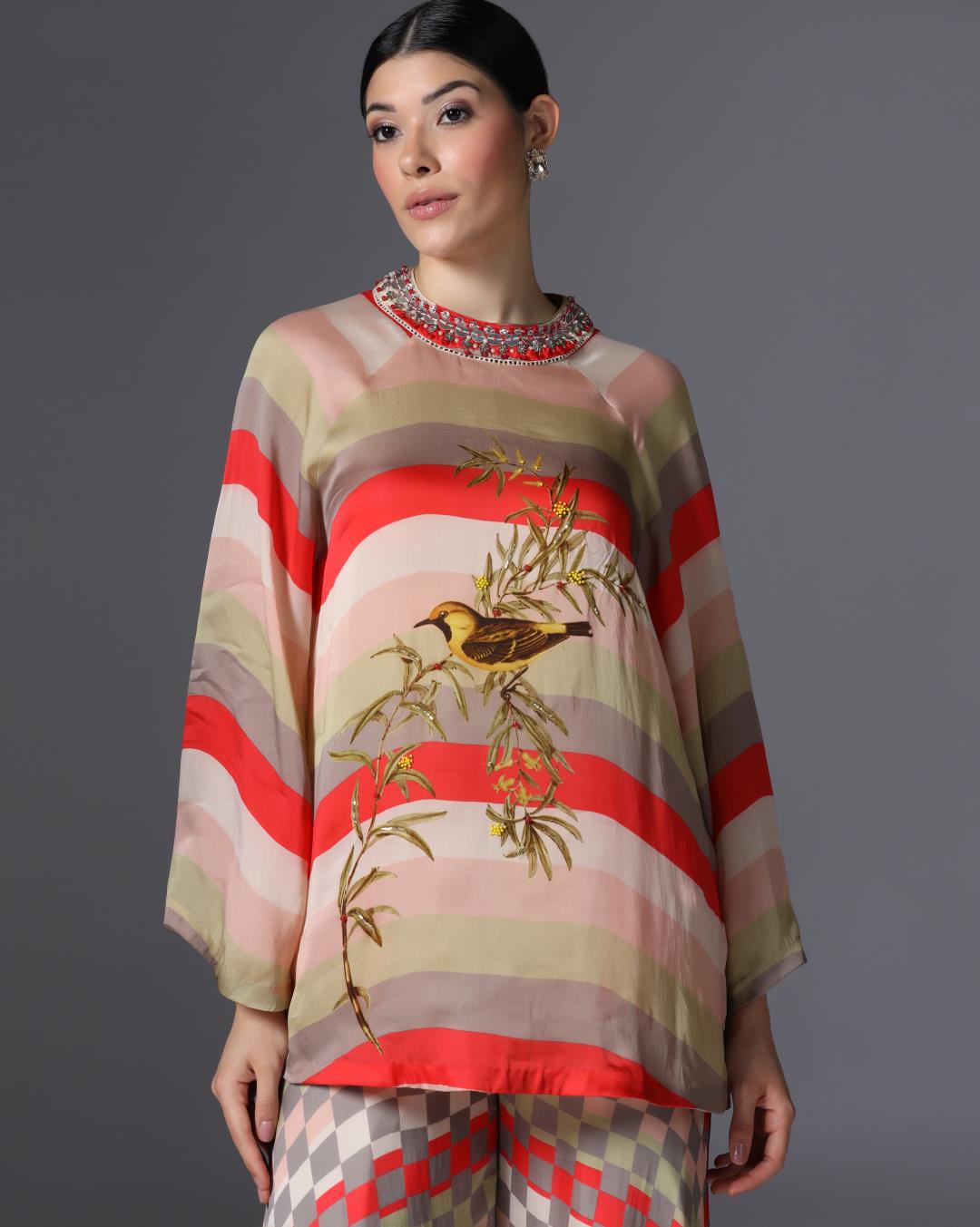 Embroidered Striped Tunic & Checkered Palazzo Set