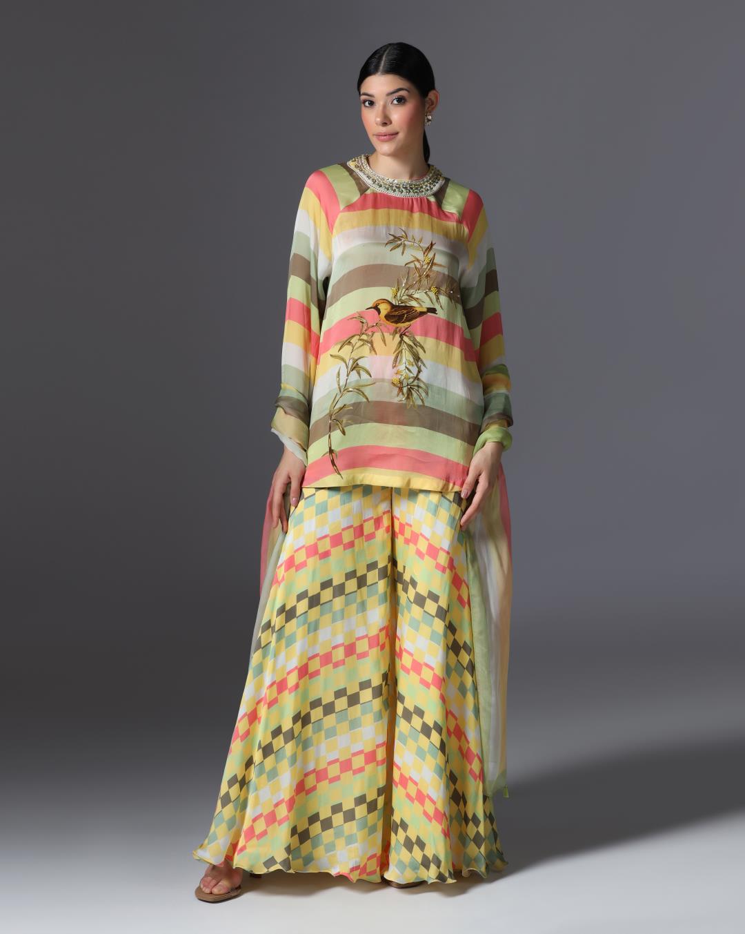 Embroidered Striped Tunic & Checkered Palazzo Set