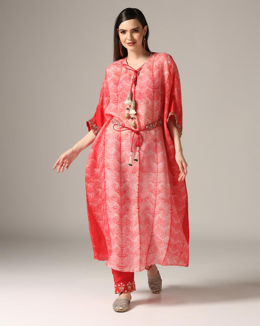 Red Organza Printed Kaftan Set