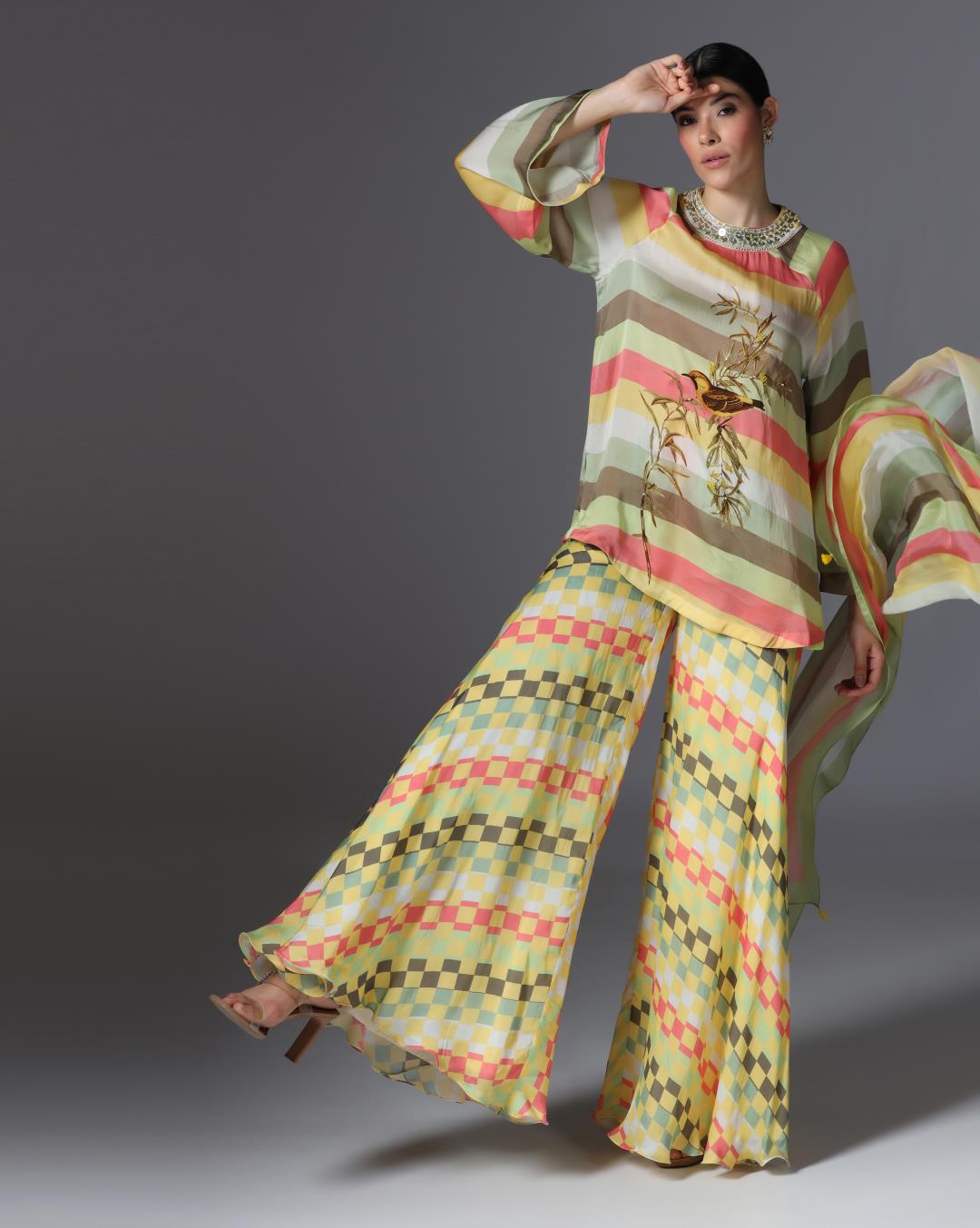 Embroidered Striped Tunic & Checkered Palazzo Set