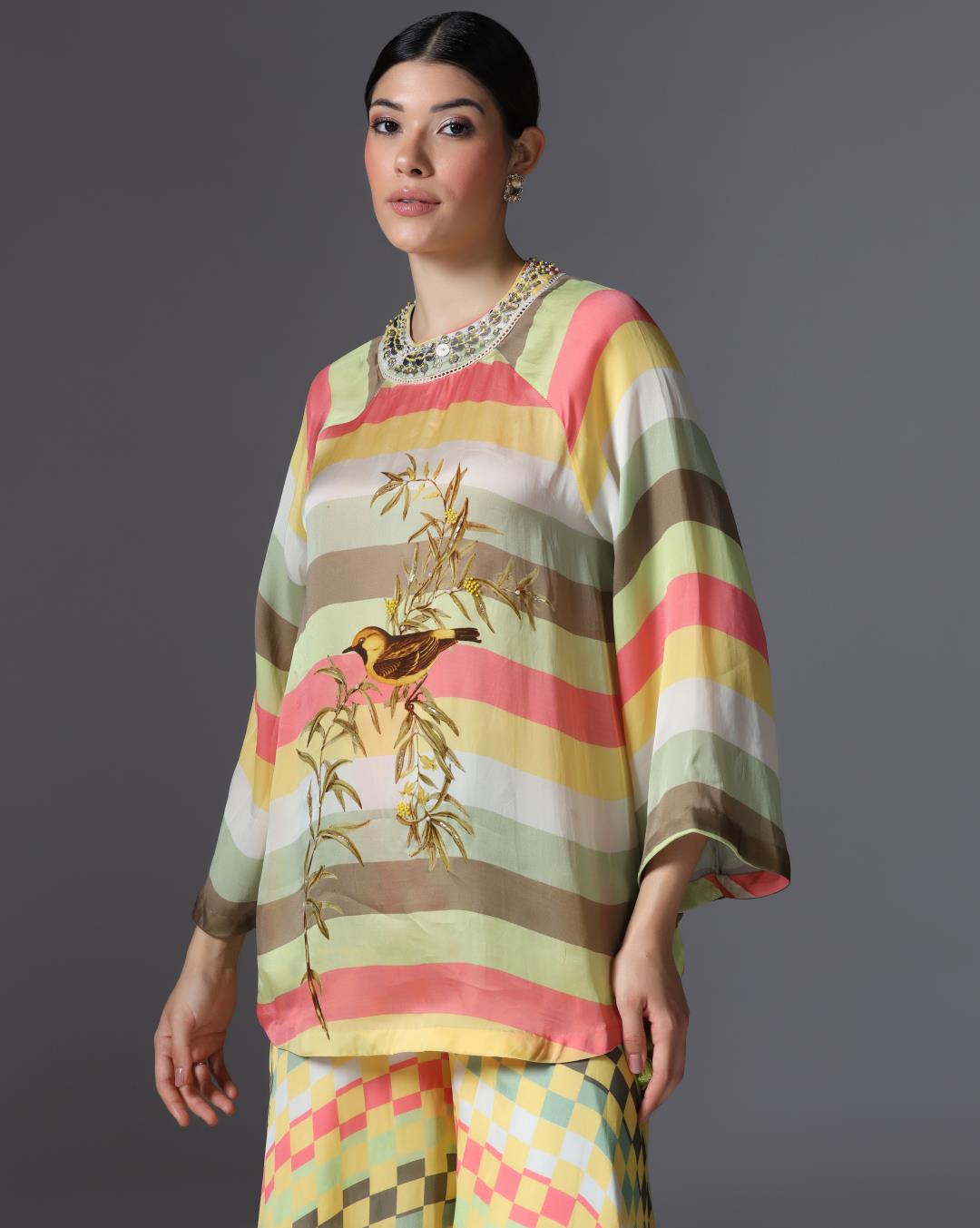 Embroidered Striped Tunic & Checkered Palazzo Set