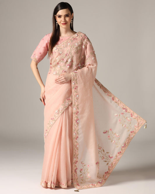 Pink Organza Embroidered Saree Set