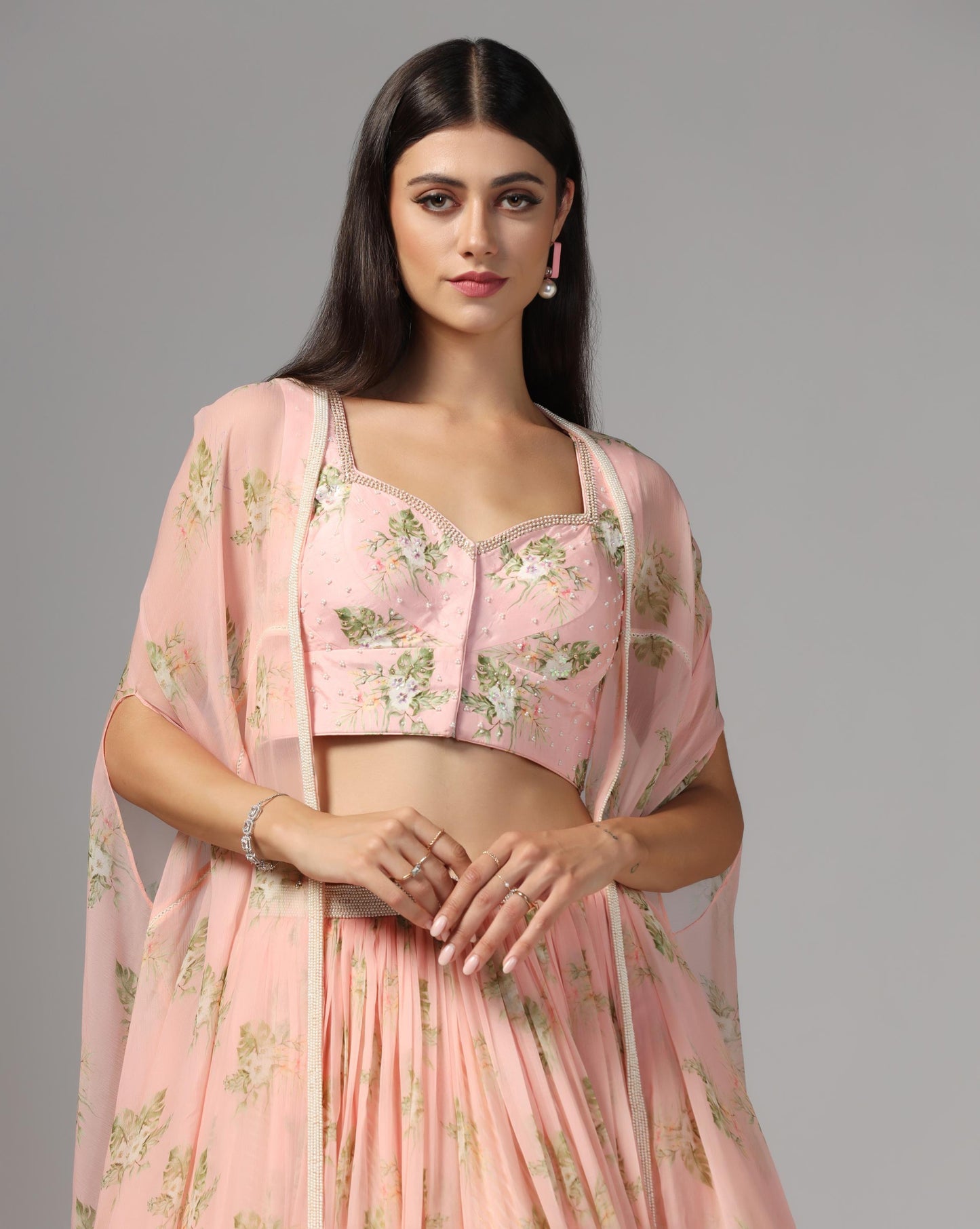 Rose Quartz Floral Cape Lehenga Set