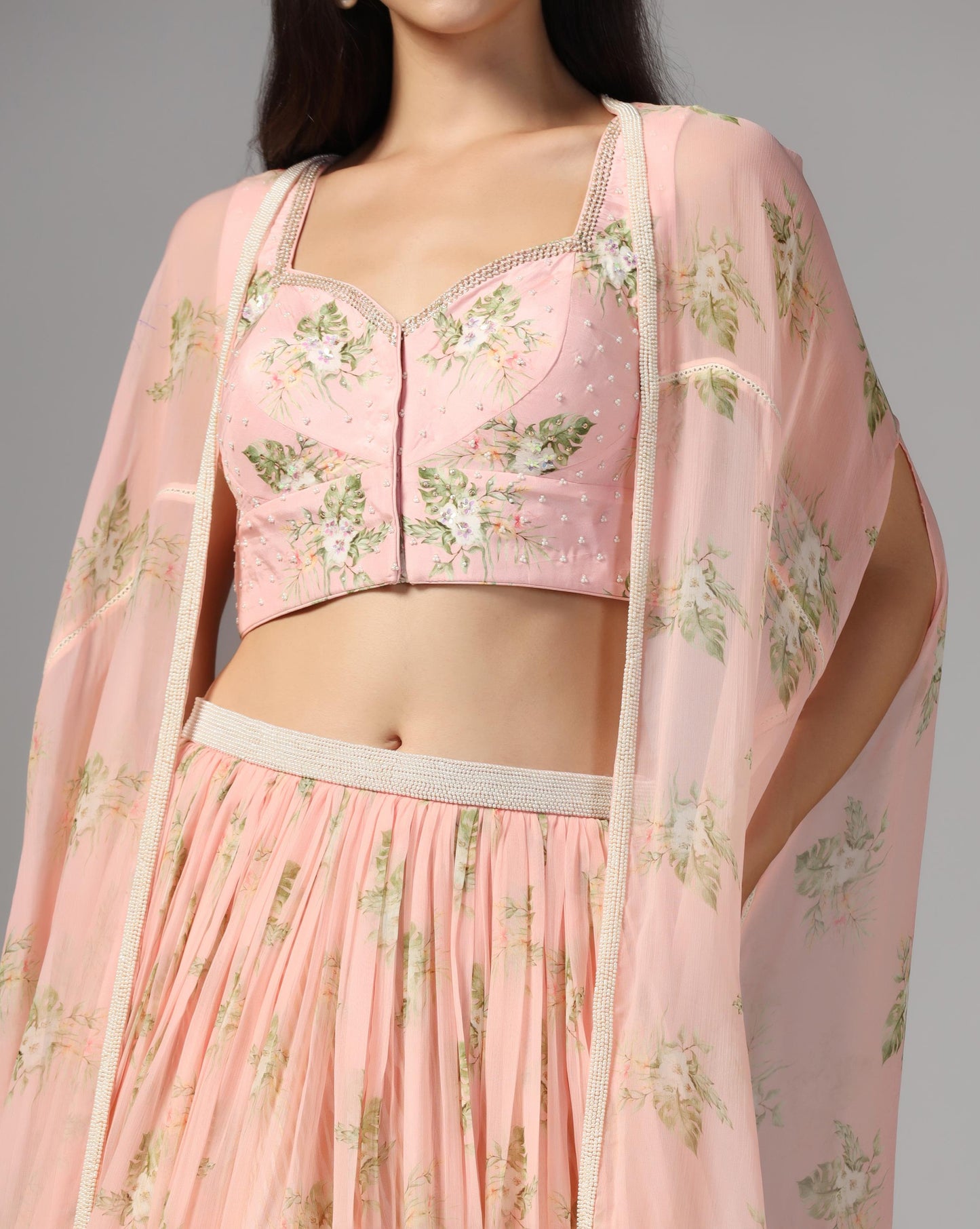 Rose Quartz Floral Cape Lehenga Set
