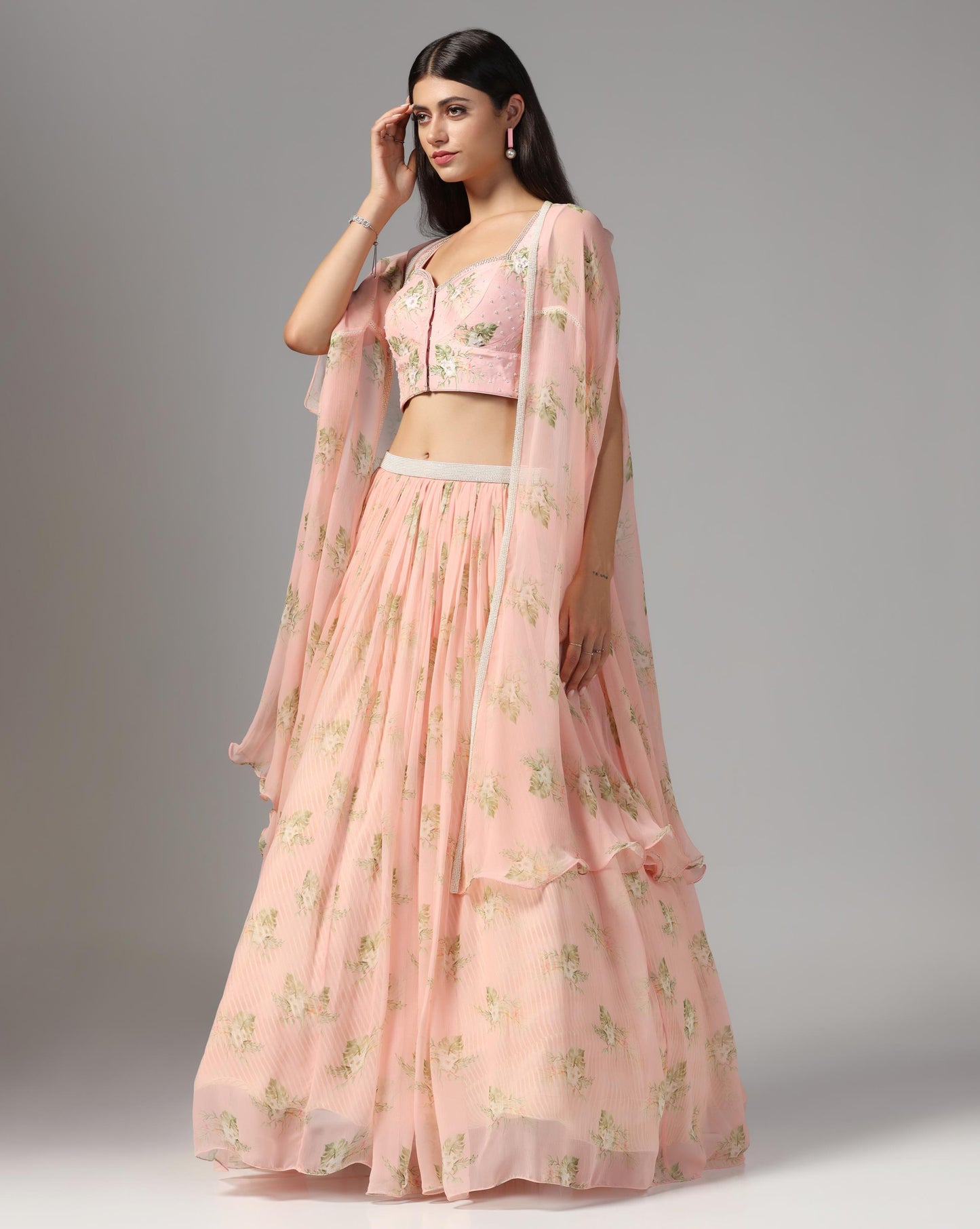 Rose Quartz Floral Cape Lehenga Set