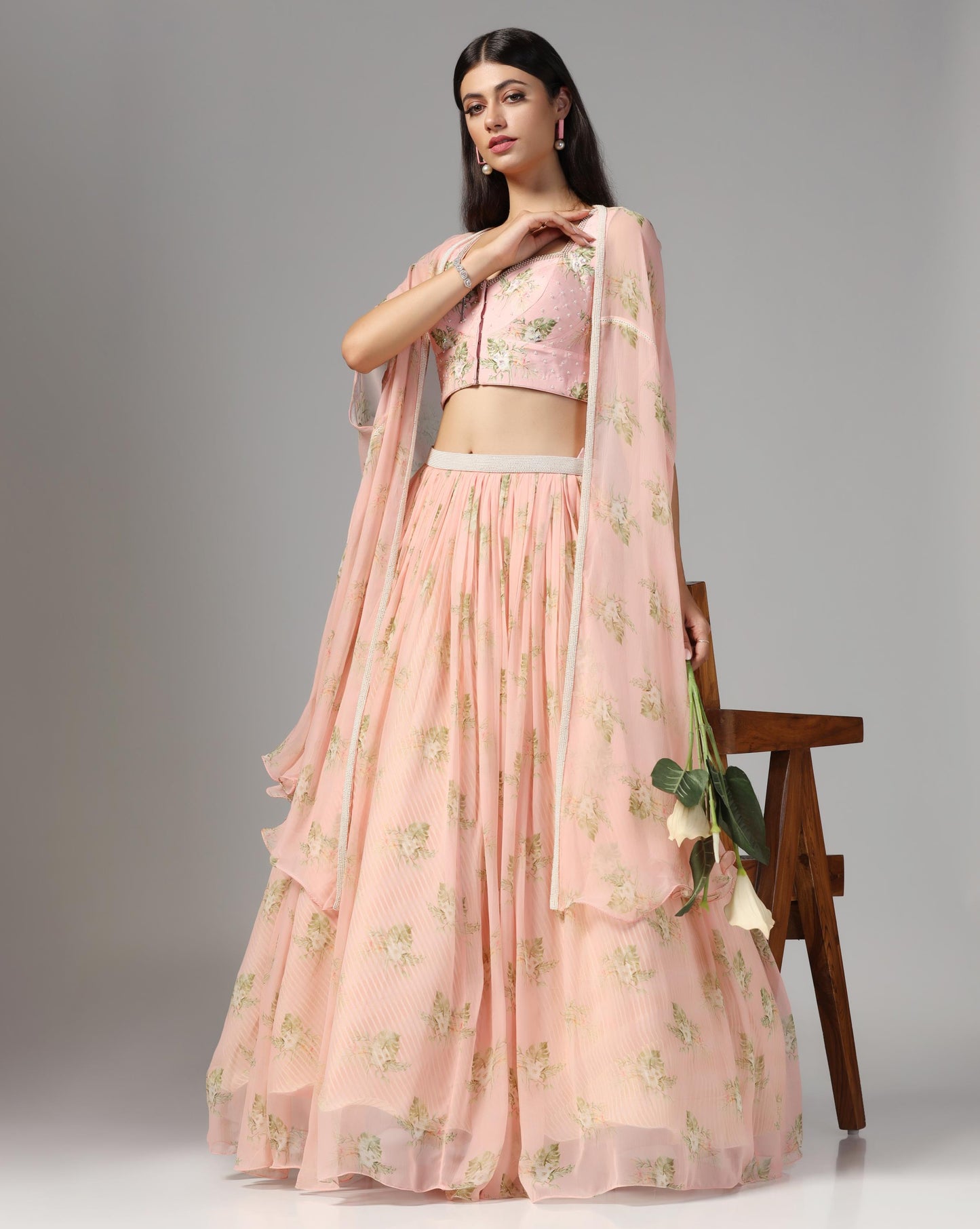 Rose Quartz Floral Cape Lehenga Set