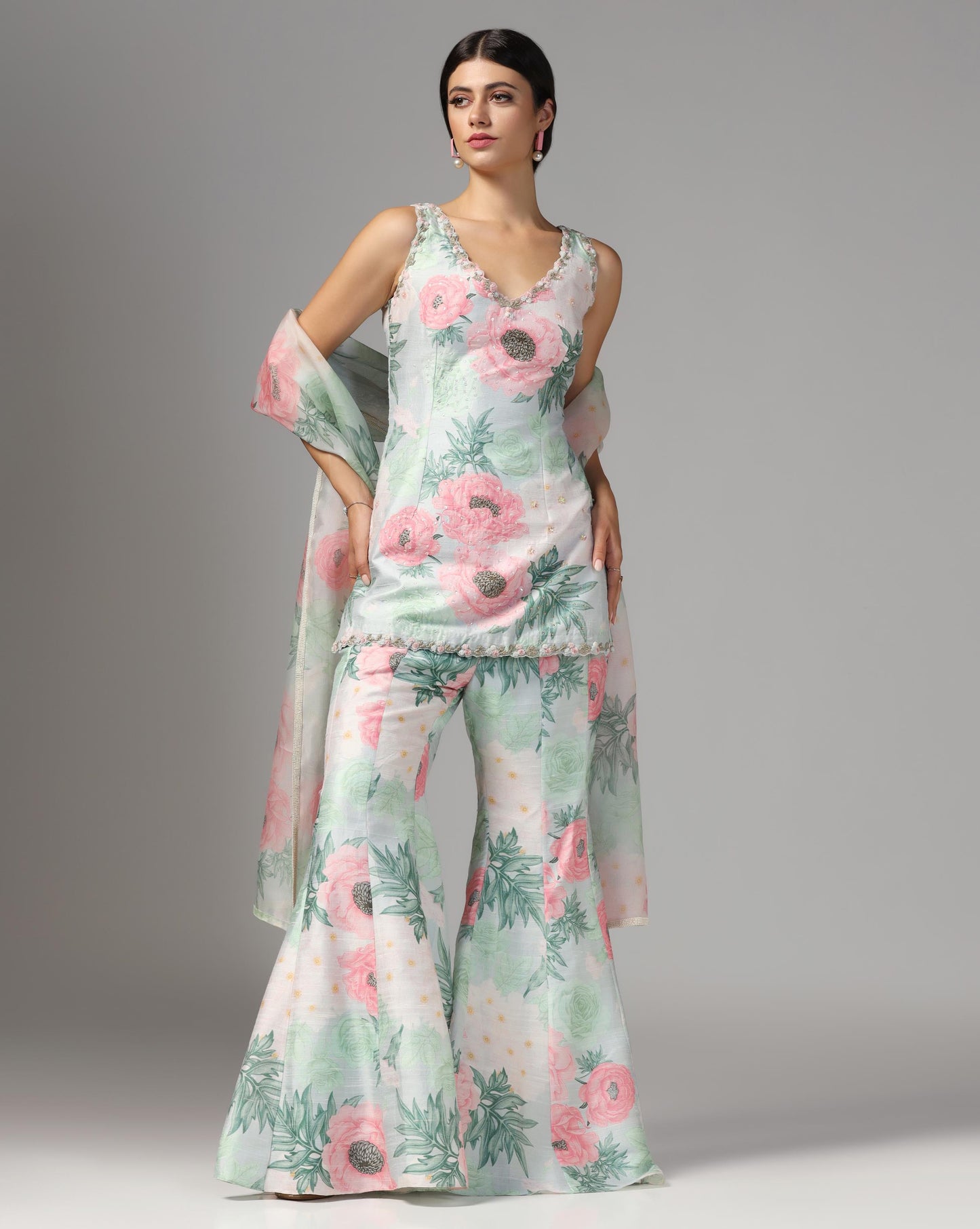 Mint Peony Flare Gharara Set