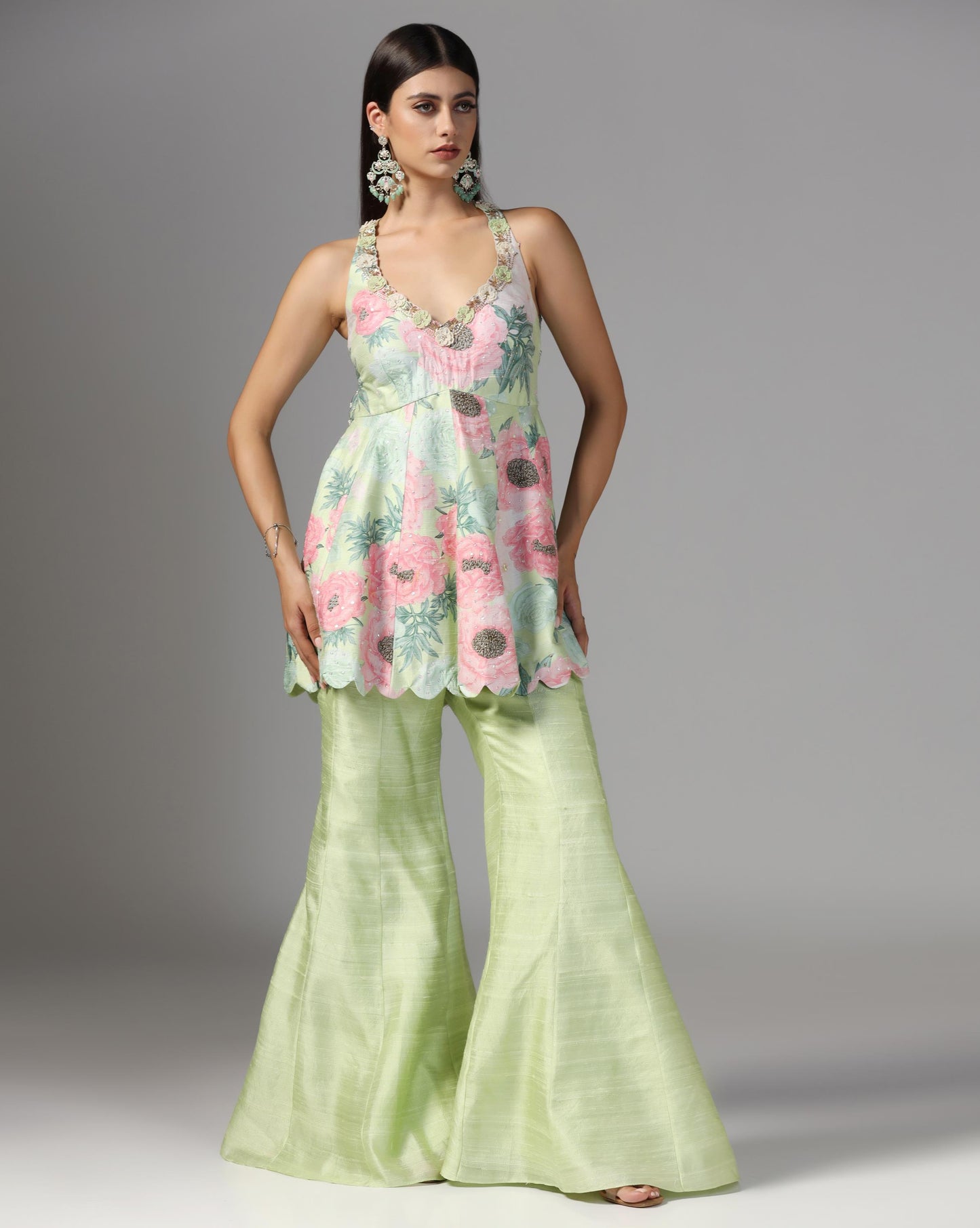 Pistachio Peony Scalloped Sharara Set