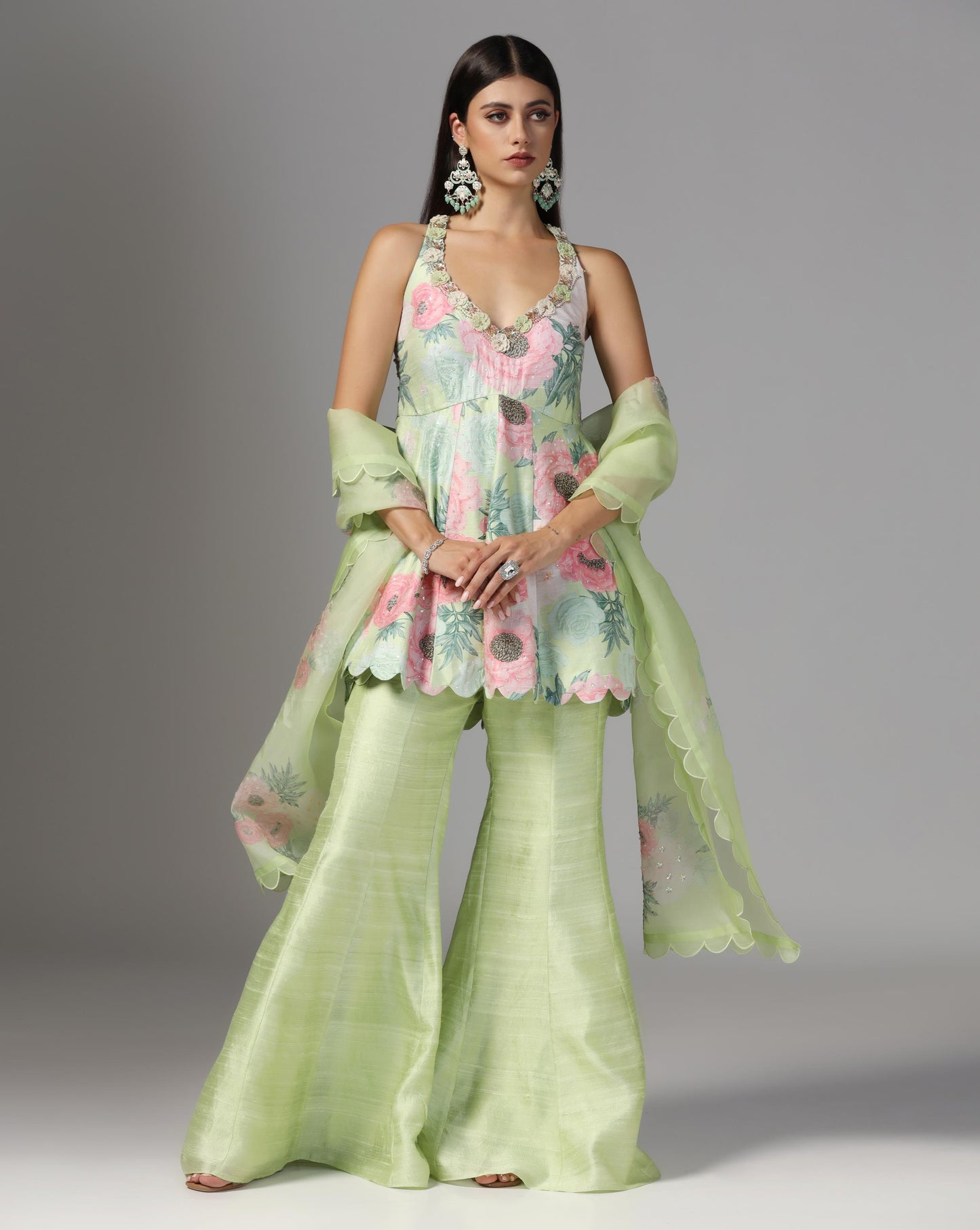 Pistachio Peony Scalloped Sharara Set