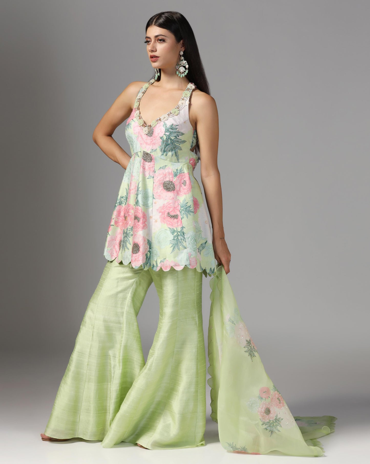 Pistachio Peony Scalloped Sharara Set
