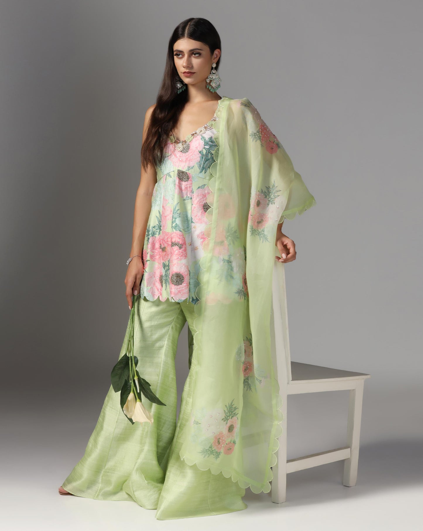 Pistachio Peony Scalloped Sharara Set