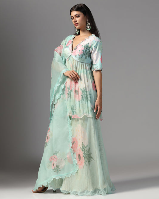 Aqua Peony Empire Sharara Set