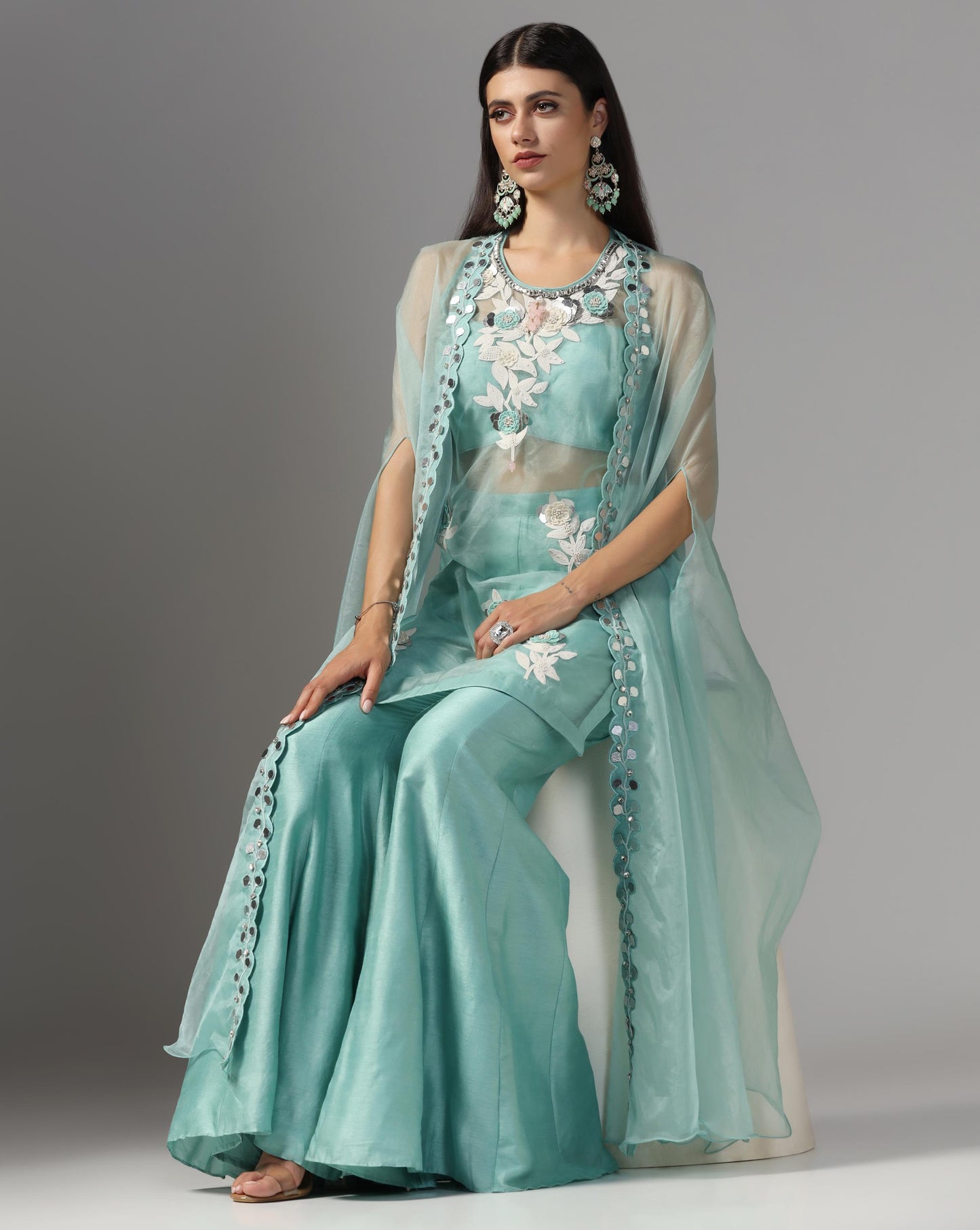 Seafoam Serenity Cape & Sharara Set