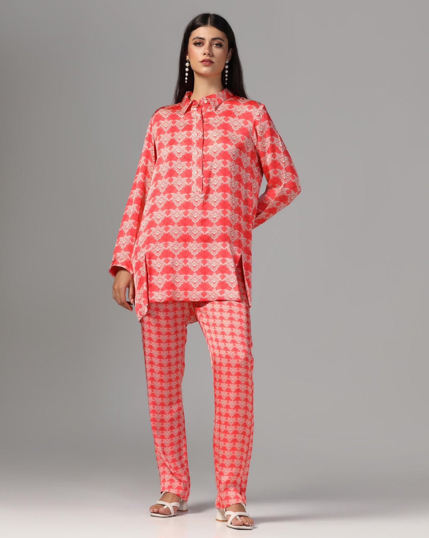 Crimson Ikat Silk-Finish Co-ord Set
