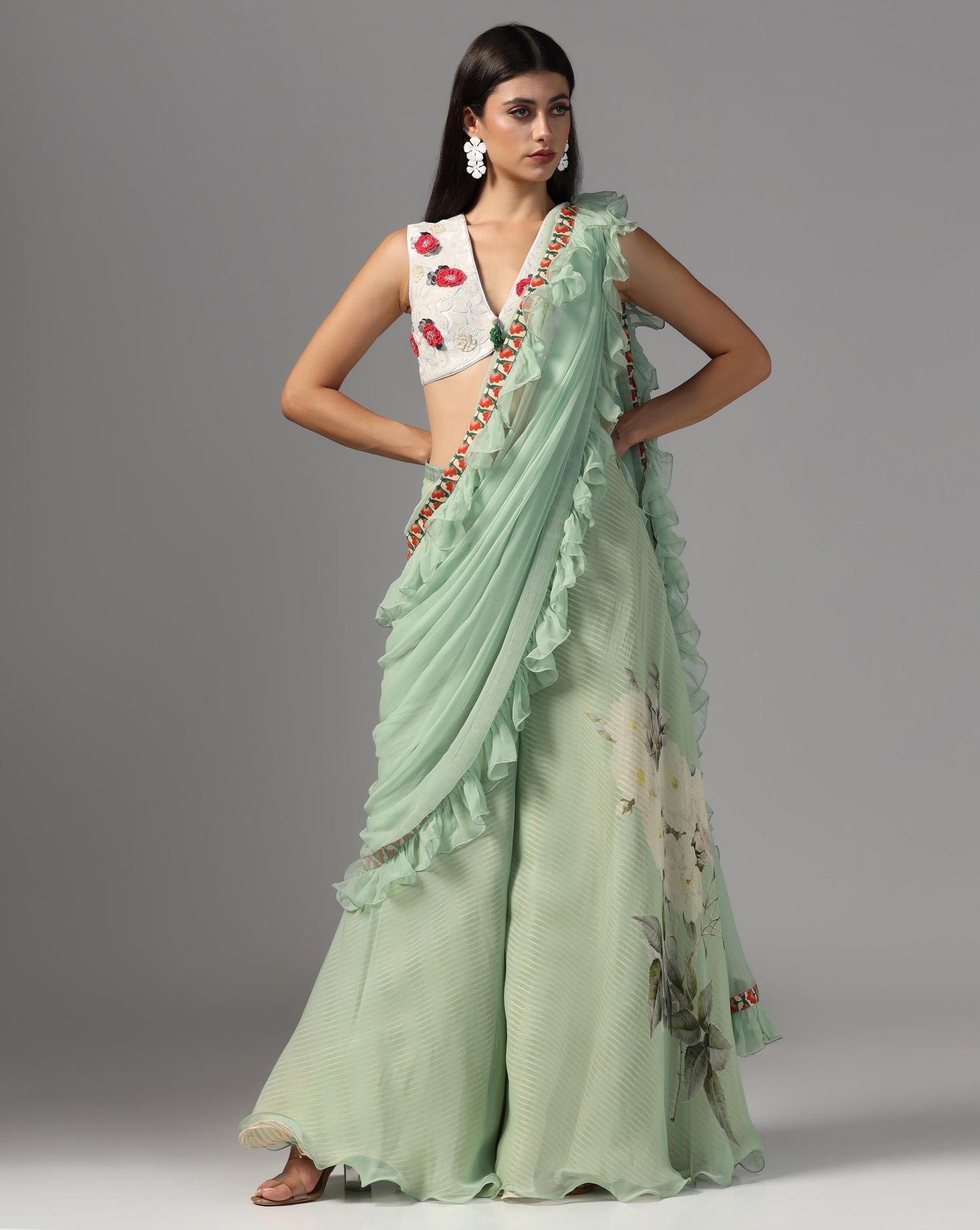 Jade Garden Ruffle Sharara-Sari Set